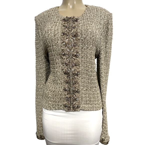 St John Evening Jacket Blazer Tweed Knit Beige Oatmeal Zip Bead 12 L Vintage - Picture 1 of 11